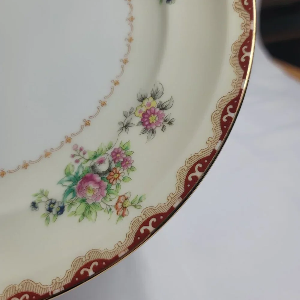 TWO Meito Keepsake Dinner Plates Ivory with Rust & Tan Scroll & Floral Rim